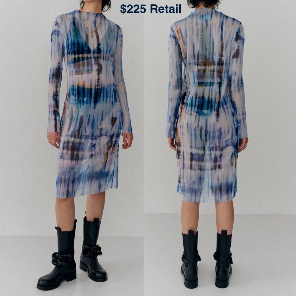 BIRGITTE HERSKIND Kathy Tie Dye Mesh Midi Dress Size Small Blue Sheer Scandi